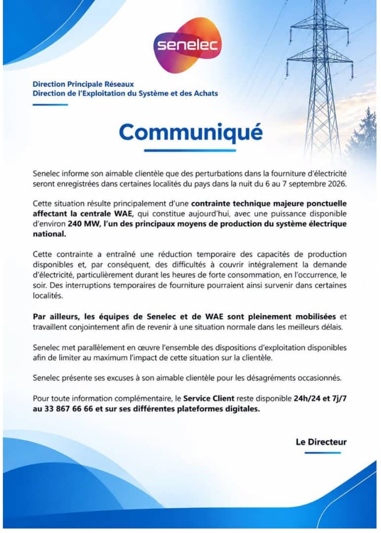 FAUX: la senelec n’a pas annoncé une série de coupure d’électricité à Dakar et dans sa banlieue