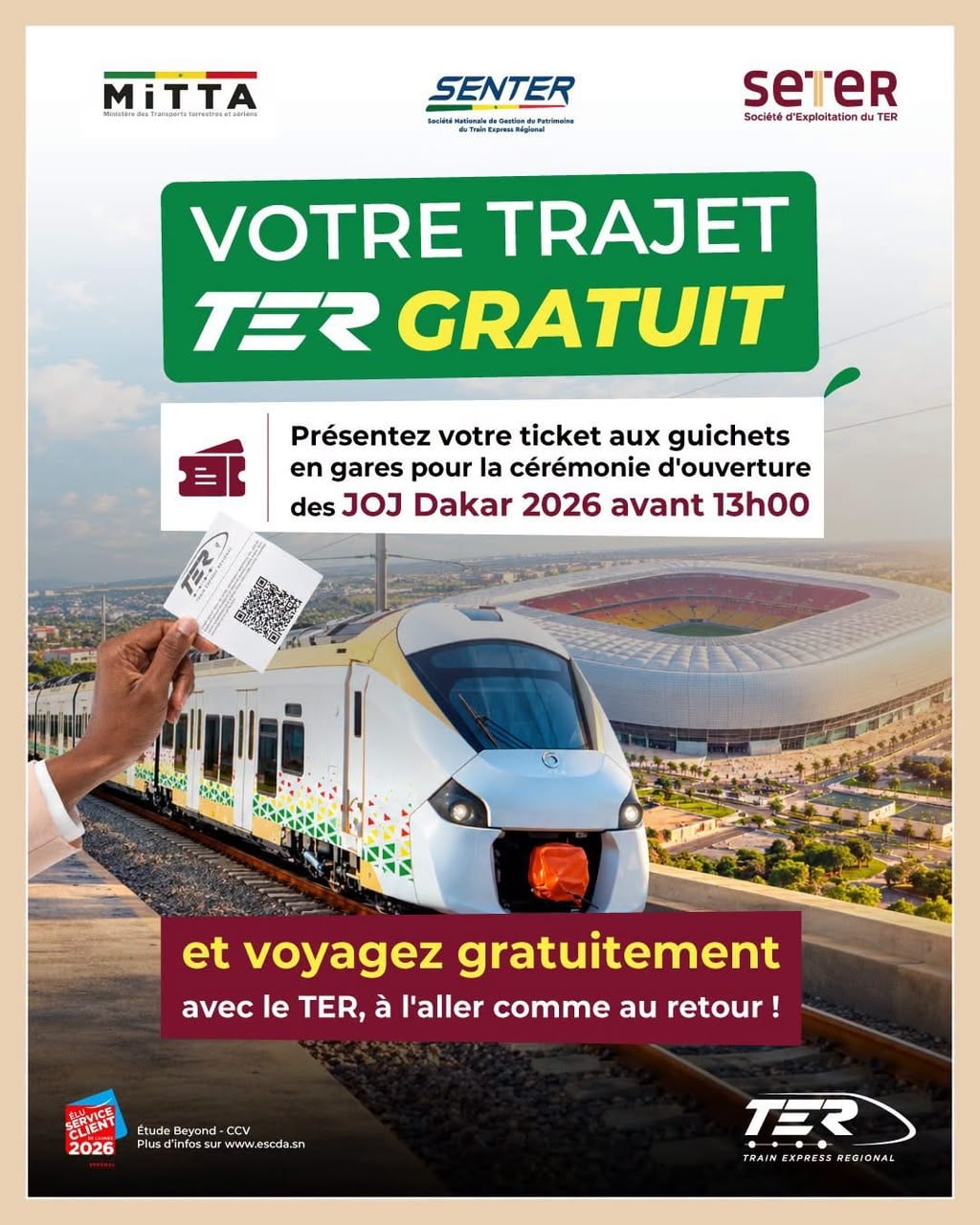 Cérémonie d'ouverture des JOJ 2026 : Comment bénéficier du transport gratuit en TER vers Diamniadio