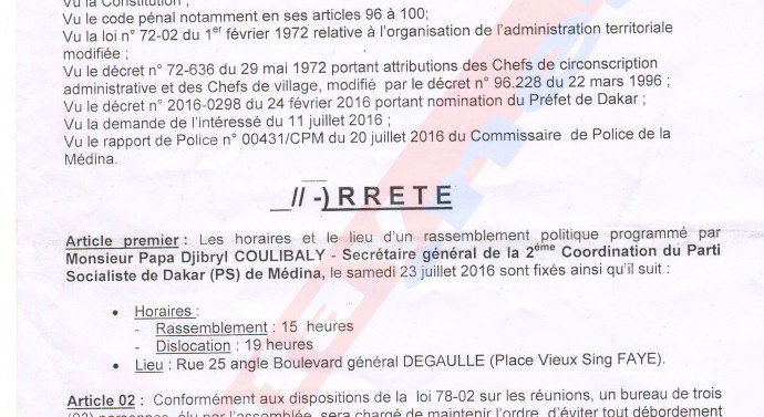 Exclusif - Voici l'arrêté autorisant le meeting du maire de la Médina, Bamba Fall