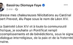 Élection du pape Léon XIV : le Président Bassirou Diomaye Faye félicite le cardinal Robert Prevost