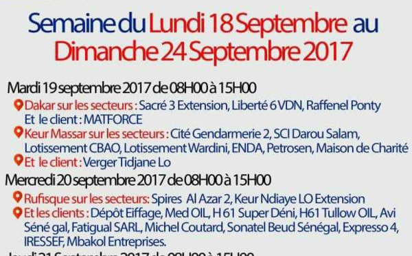 La Senelec va momentanément couper le courant dans certains secteurs de la capital de mardi à dimanche