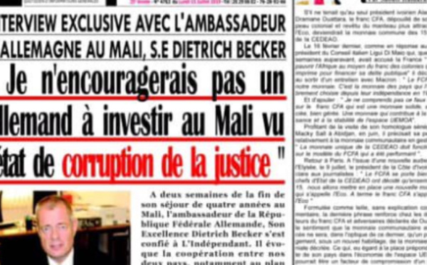 Mali: l'ambassadeur d'Allemagne parle de «corruption» et fâche des magistrats