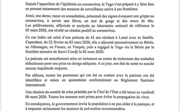 Urgent : un cas de coronavirus confirmé au Togo