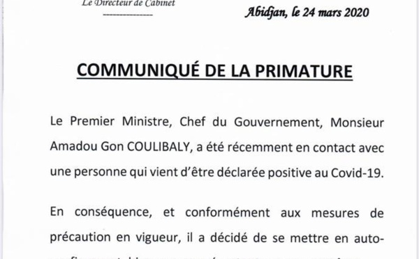 #Covid19: le premier ministre ivoirien Gon Coulibaly s'est auto-confiné après voir été en contact avec une personne déclarée positive