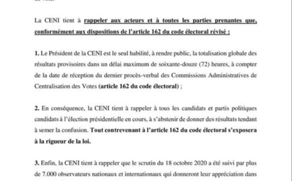Présidentielle guinéenne : la CENI appelle les candidats à «s'abstenir à donner des résultats tendant à semer la confusion»