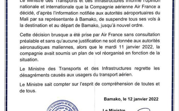 Suspension de vols vers le Mali : les autorités dénoncent la décision « brusque, sans consultation et sans aucune justification d’Air France »