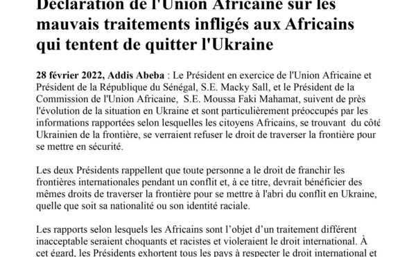 Guerre en Ukraine: l'UA dénonce le traitement raciste dont sont victimes les Africains