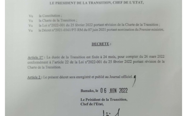 Mali: la durée de la transition fixée à 24 mois, à compter du 26 mars 2022 (décret)