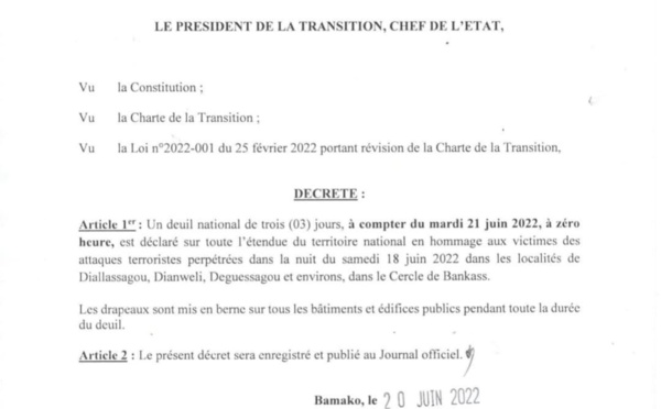 Mali : Deuil national de 3 jours suite à l'assassinat de 132 civils par des terroristes