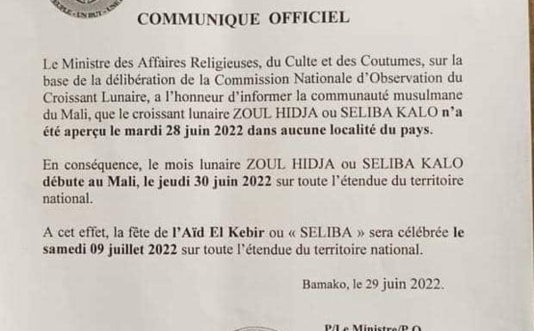 La fête de Tabaski sera célébrée le 9 juillet au Mali (communiqué)