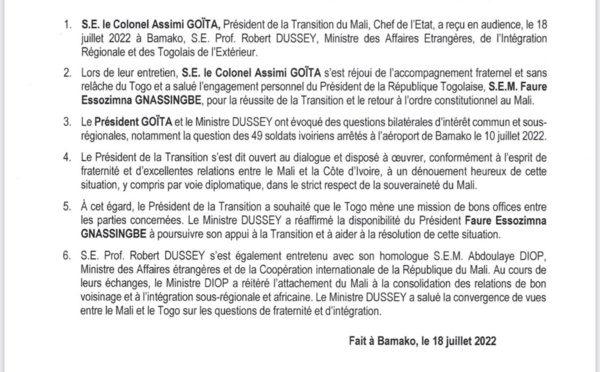 Arrestation des 49 soldats ivoiriens au Mali :  Goïta s'est dit ouvert à un dialogue pour un "dénouement heureux", après un entretien avec un ministre togolais