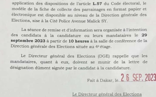 Parrainage: la séance de remise des fiches et d’information aux candidats prévue le 29 septembre à la DGE