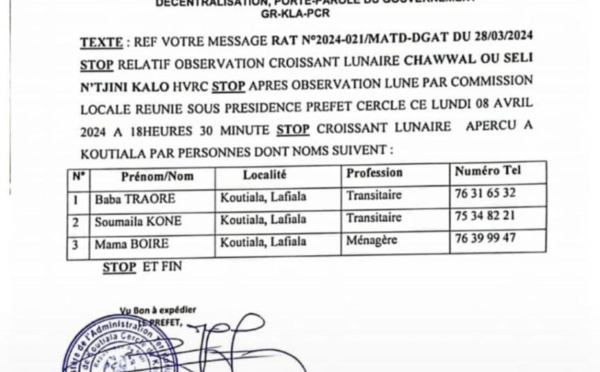 Mali : la korité célébrée ce mardi (Document)
