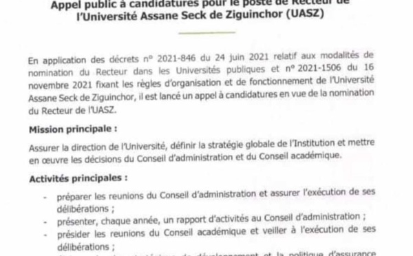 Université de Ziguinchor: le ministère de l'Enseignement supérieur lance un appel public á candidature pour le poste de Recteur (Document)
