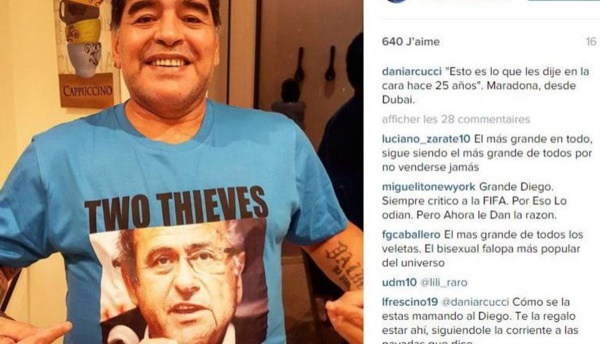 Maradona arbore un tee-shirt traitant Platini et Blatter de "voleurs"
